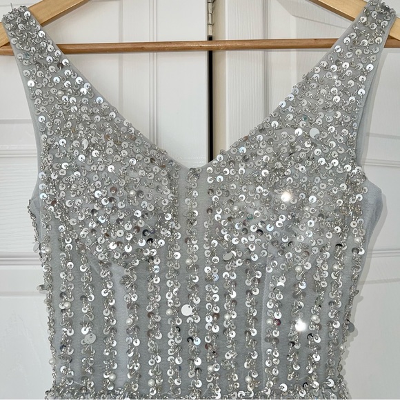 LIGHT GRAY SEQUENCES AND BEADS TULLE DRESS PROM DRESS - Picture 3 of 15